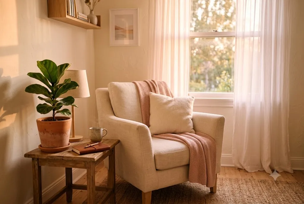 A calm, light-filled therapy room with a soft armchair.