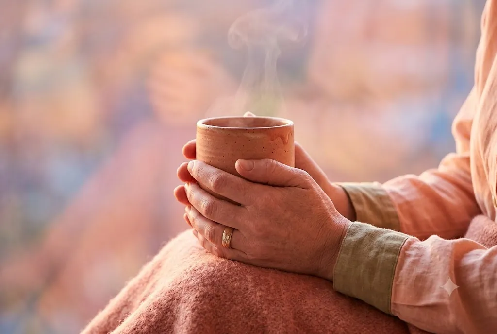 A person cradling a warm cup of tea, calm and at ease.